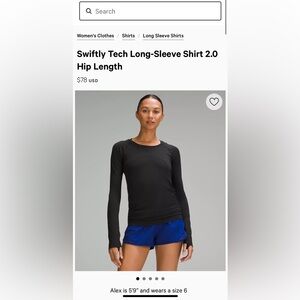 Lululemon Swiftly tech 2.0 long sleeve regular length - BLK sz4